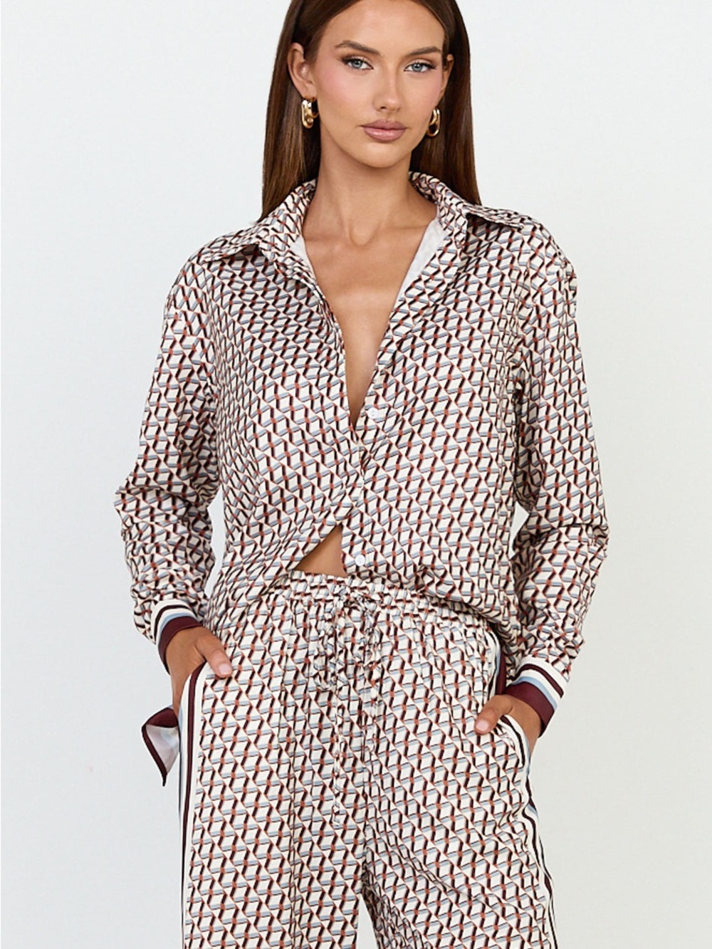 NWT Showpo Brown and White Geometric Button Down Shirt